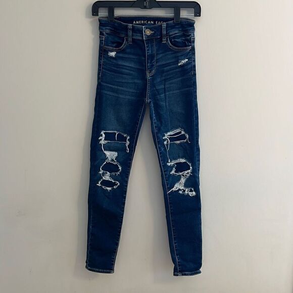American Eagle Next Level Stretch Jeans Hi-Rise Jegging Dark Destroyed, 0 Short - Picture 2 of 11